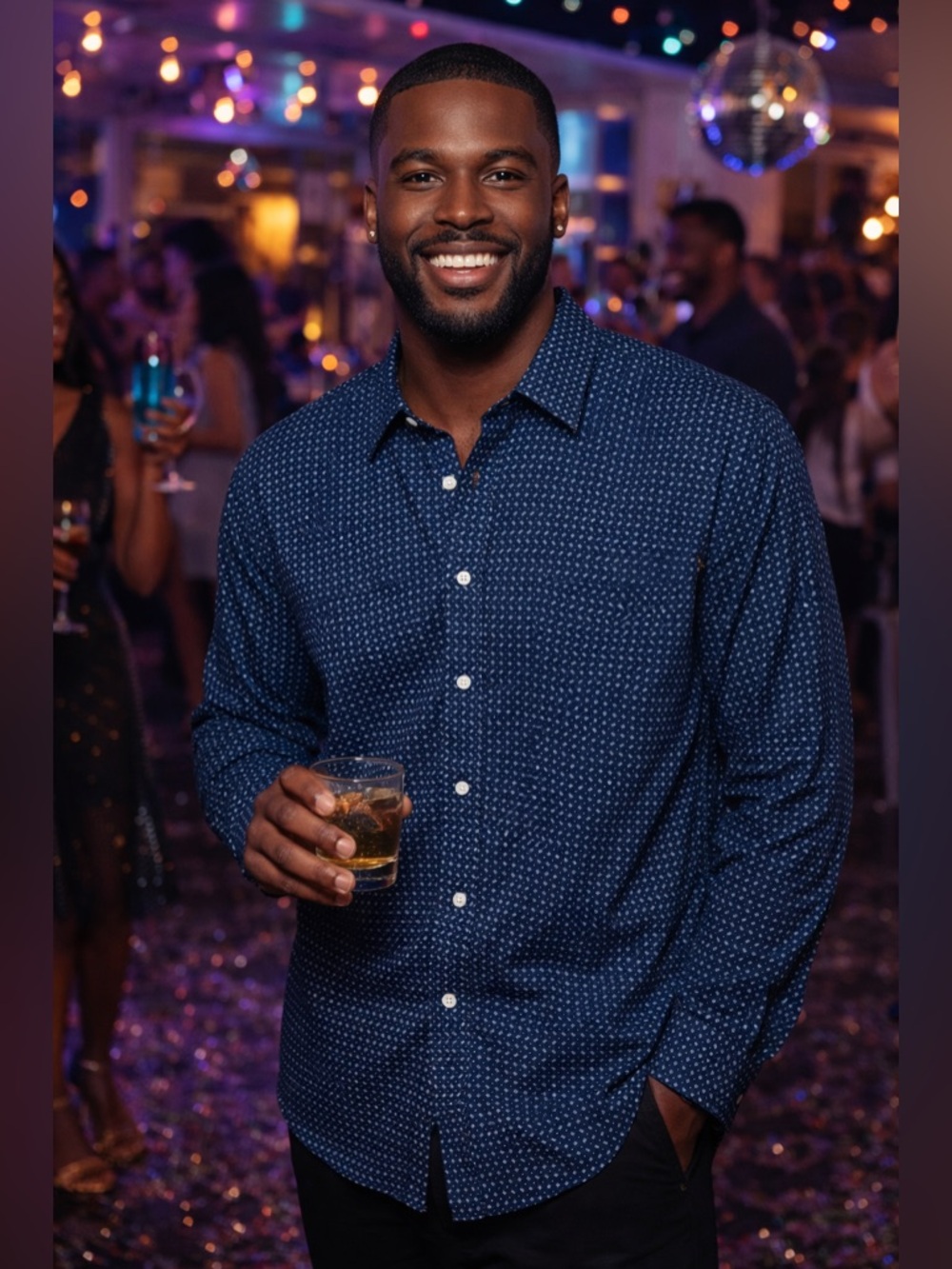 Men's Navy Micro-Print Long-Sleeve Button-Down Shirt